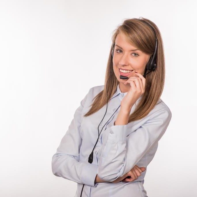 Woman customer service worker, smiling operator with phone headset